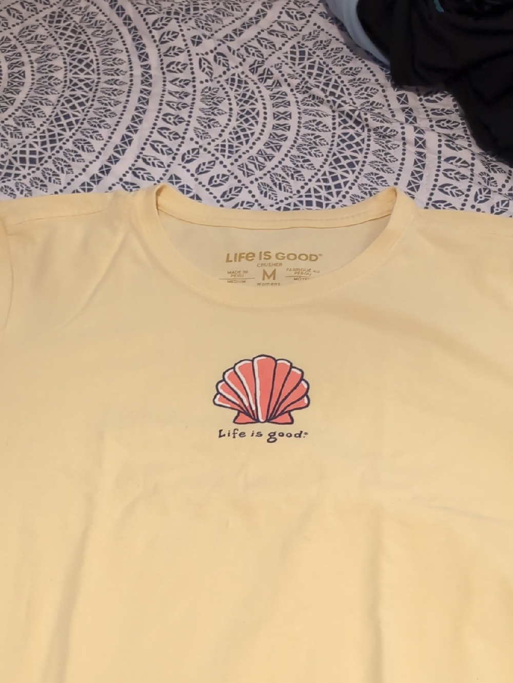 Life Is Good Yellow Tee with Coral Shell Graphic